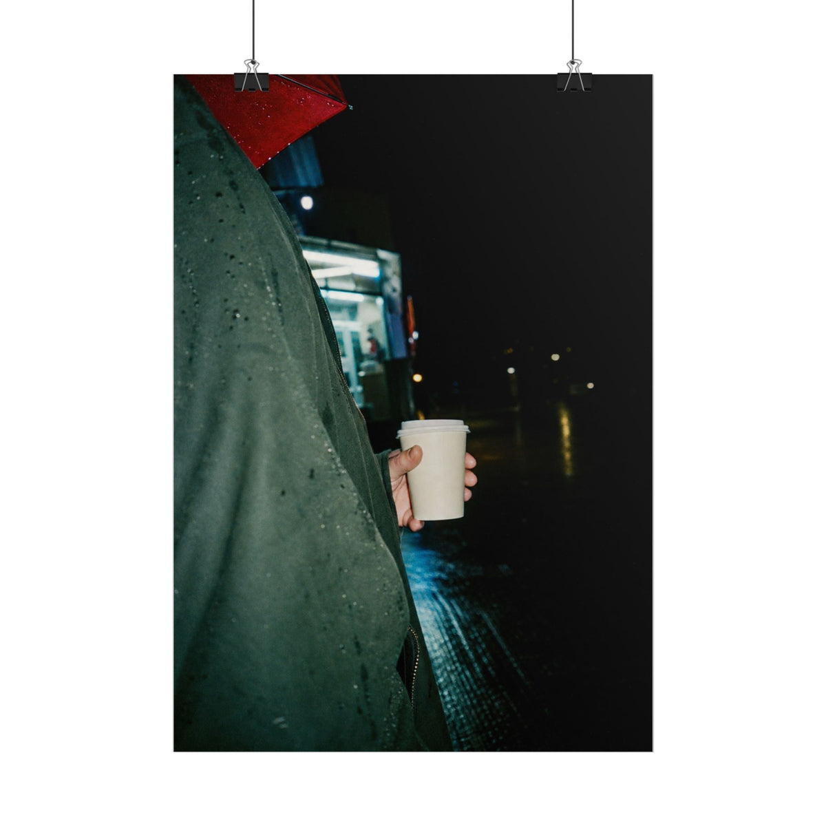 Night Walk Poster — Moody Rainy Street Photography with Coffee Cup