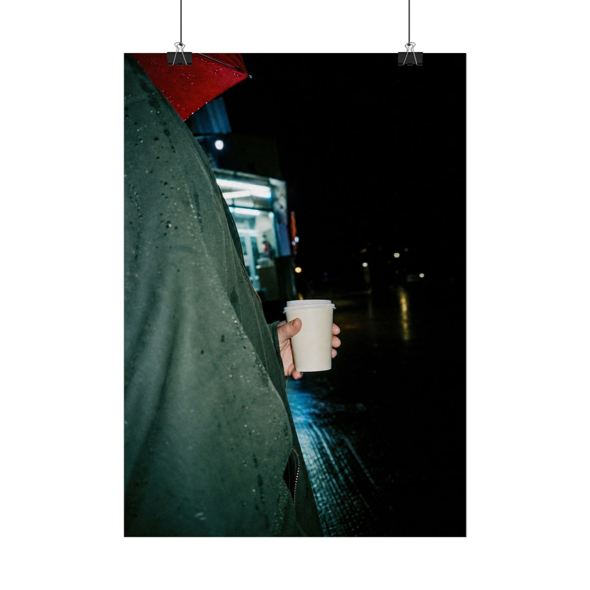 Night Walk Poster — Moody Rainy Street Photography with Coffee Cup